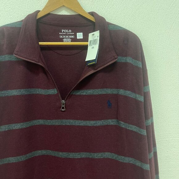 NWT Polo Ralph Lauren Men's Luxury Jersey Striped 1/4-Zip Pullover Burgundy XXL - Picture 3 of 8